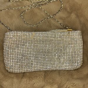Marciano Gold Crystal Clutch with Removable Gold Chain Crossbody Strap
